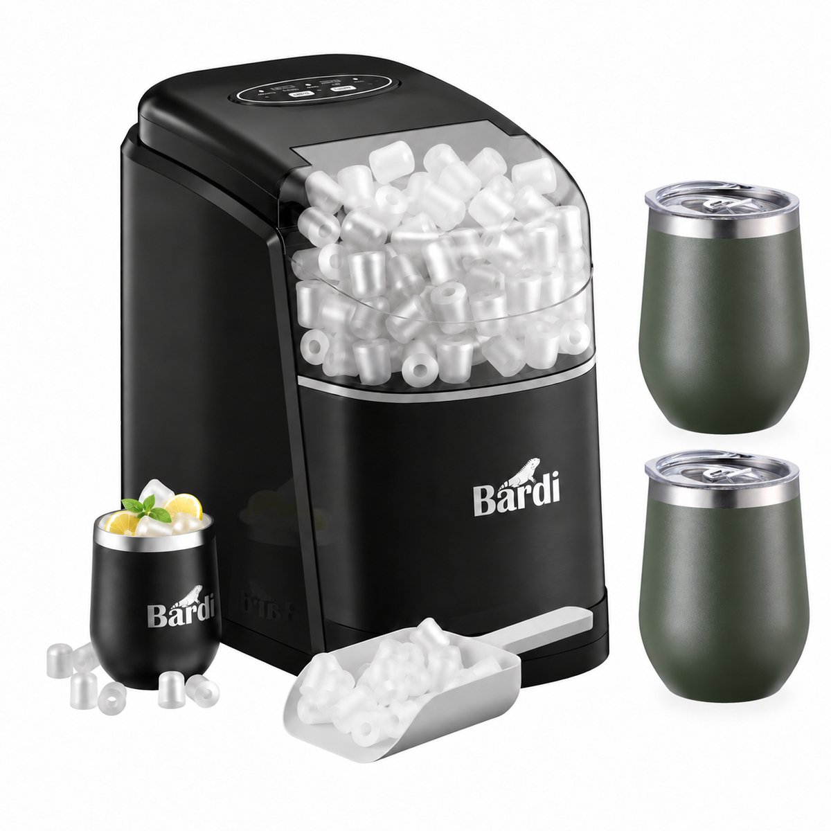 Bardi IJsblokjesmachine Set - 1.6L Zwart - Zelfreinigingsfunctie - IJsblokmaker met IJsschep -met IJsschep - Inclusief Luxe 3 Thermosbekers en Ijsschep- Groen