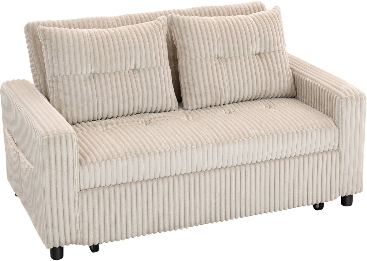 Homona 2-zits slaapbank van cord - Met 2 kussens en zijvakken - 157 x 190 cm - Crèmewit