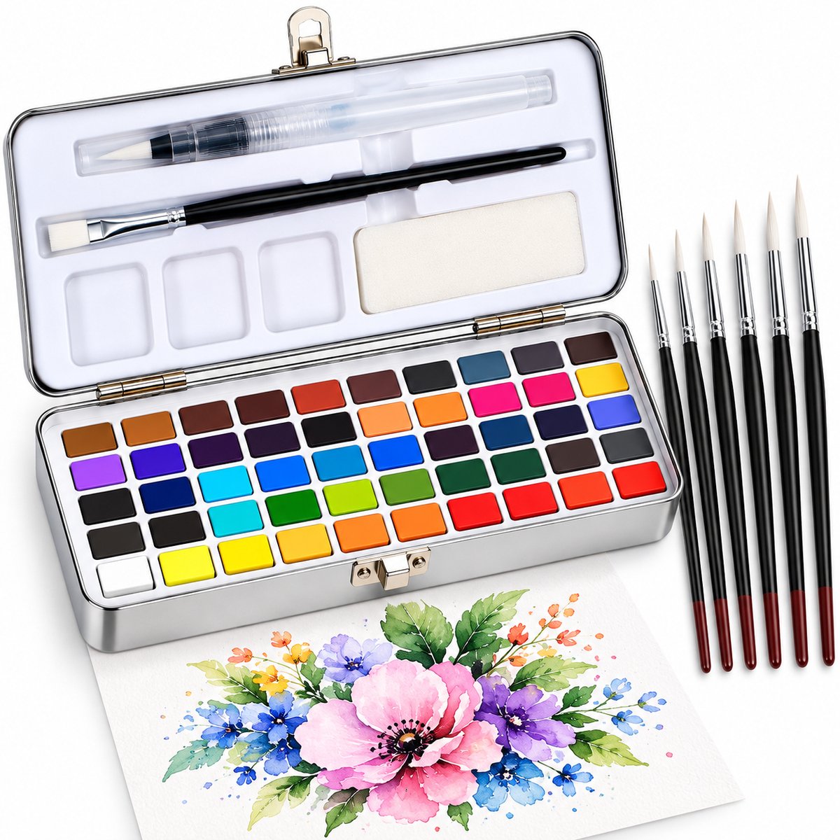 Tolvia Aquarelverf Set - 50 Kleuren - Metallic & Fluorescerend - Inclusief 6 Fijne Penselen - Complete Waterverf Set voor Kinderen & Volwassenen
