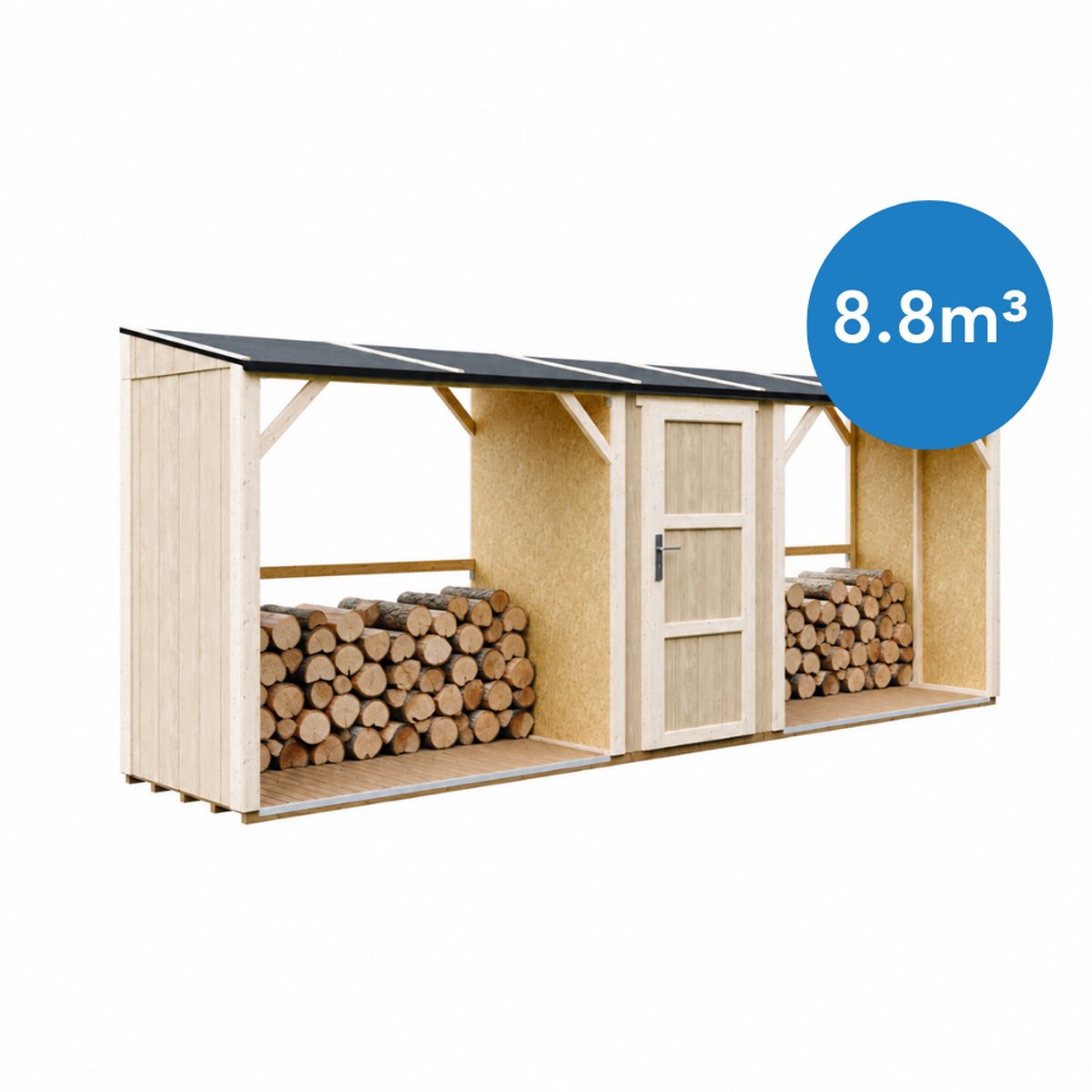 Timbela M986 - LP SmartSide Dubbele Houtopslag met Afgesloten Bergruimte - 6,49 m² -Twee houtopslagzones met een totale capaciteit van ~8,8 m³