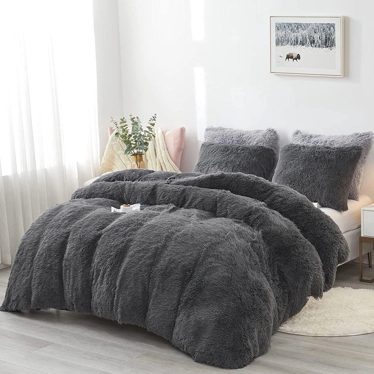 LUCKICE Beddengoedset Pluche Beddengoed 155x220cm Extra Zachte Imitatiebont Flanellen Biber Dekbedovertrek met Kussensloop 80x80cm en Ritssluiting