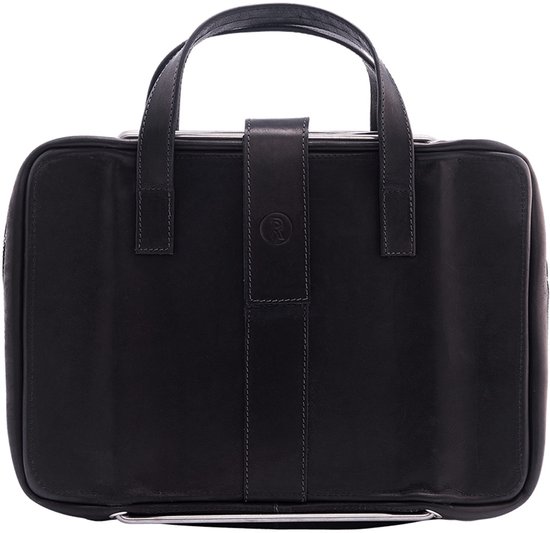 Zwarte leren laptoptas met handvatten en een gesp in het midden.