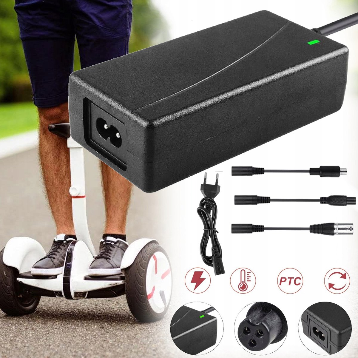 Universele Oplader voor Elektrische Step 42V 2A - 4-in-1 Lader met XLR, DC 5.5x2.5mm, 9mm Xiaomi Connector - 84W Snellader voor E-Scooter Hoverboard Eenwieler E-Bike - Zwart