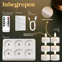 Inhoud: 6 witte led-theelichtjes, oplaaddock, afstandsbediening, handleiding en USB-kabel.