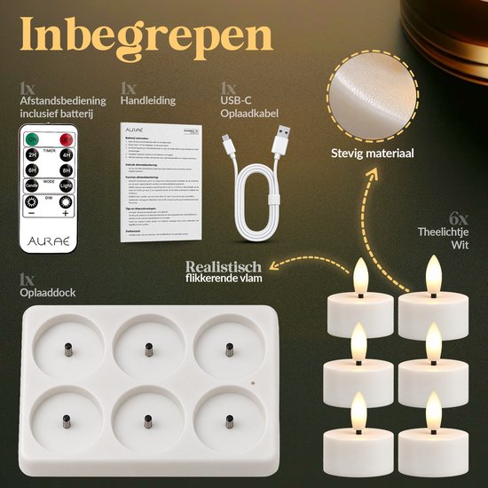 Inhoud: 6 witte led-theelichtjes, oplaaddock, afstandsbediening, handleiding en USB-kabel.