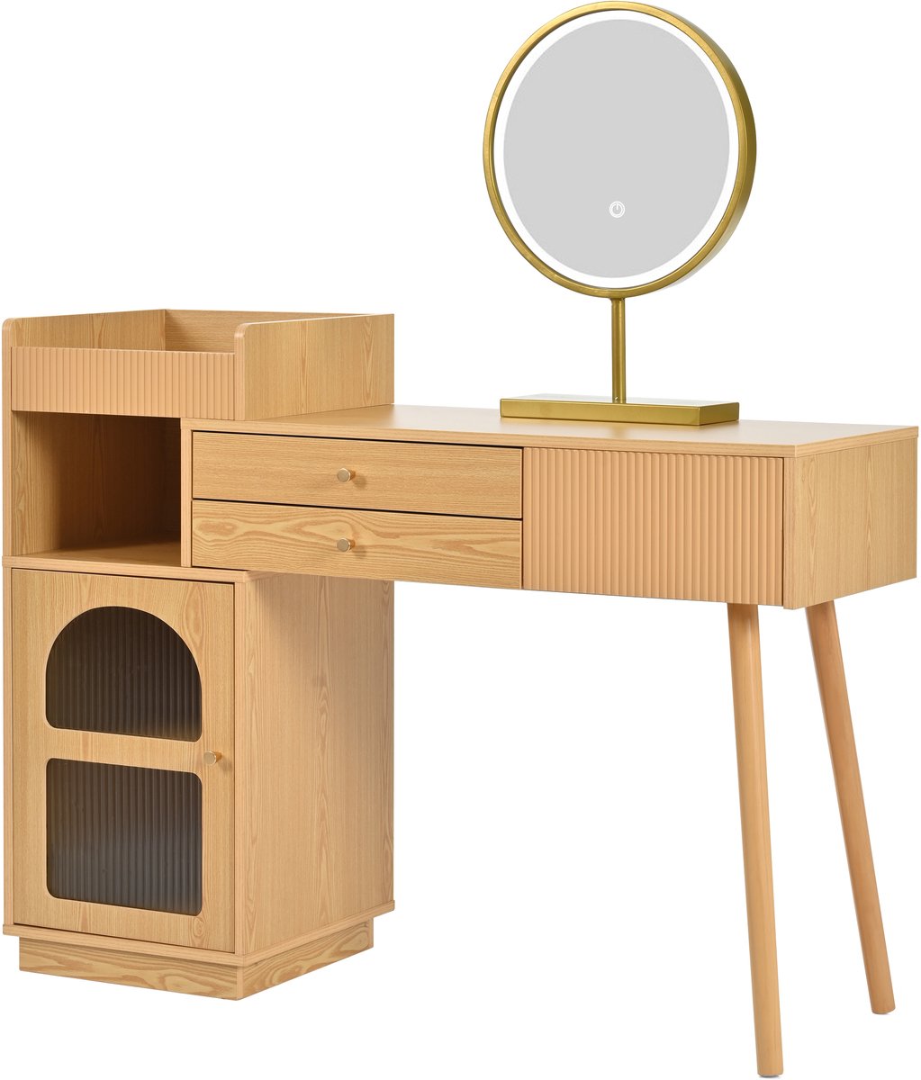 Kaptafel met Spiegel - Make-uptafel met Driekleurige Ledverlichting en Drie Laden - Opbergruimte voor Slaapkamer en Dressing - Natuurlijke Spaanplaat