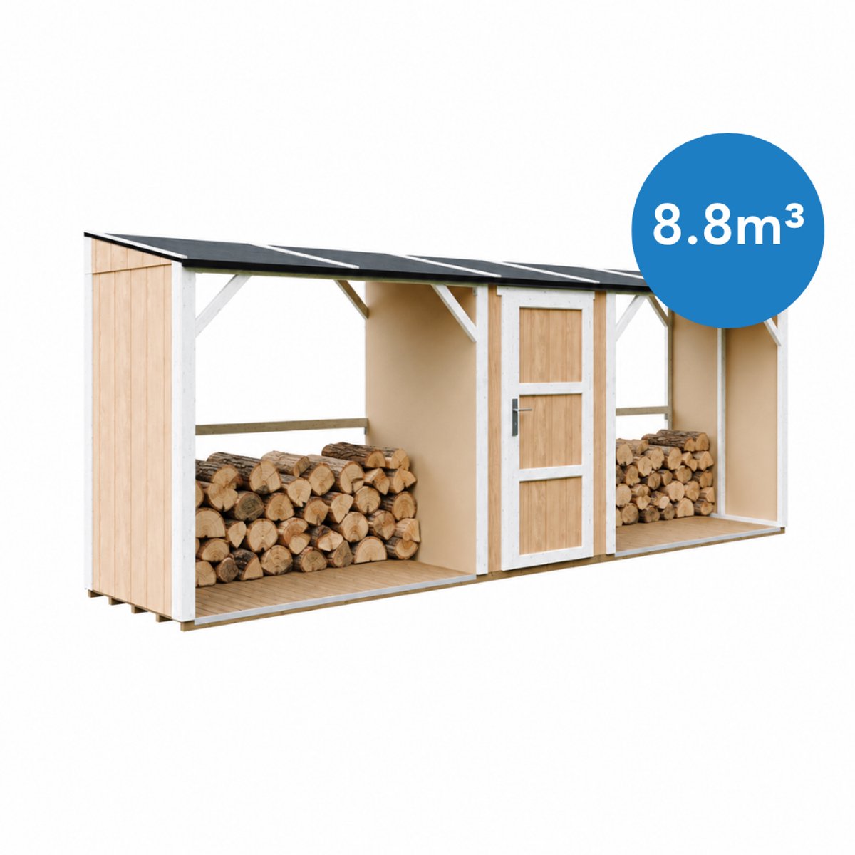 Timbela M986-HARVEST HONEY - LP SmartSide Dubbele Houtopslag met Afgesloten Bergruimte - 6,49 m² - Twee houtopslagzones met een totale capaciteit van ~8,8 m³