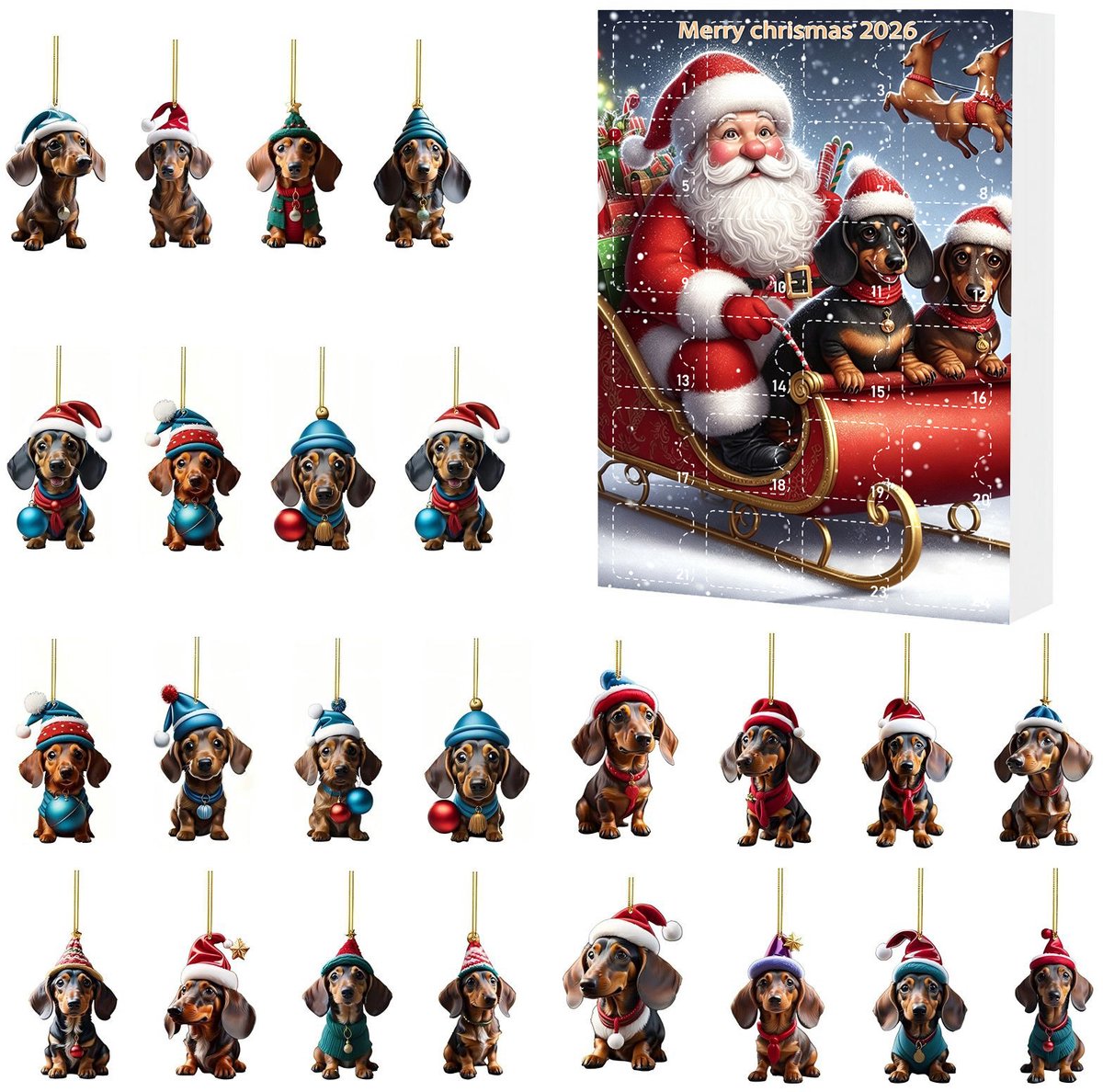 teckel kerst adventskalender 2026 - 24 stuks - bruin zwart meerkleurig - acryl materiaal - 5cm - schattige teckel hangornamenten - kerst aftelkalender - kerstboom decoratie - geschikt voor kerstfeest en interieur decoratie