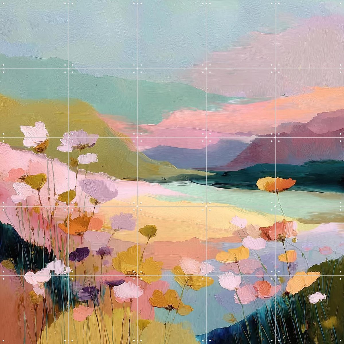 IXXI Wildflowers By The Lake, Branka Kodžoman - 100 x 100 cm - Gratis ophangtool - Grote wanddecoratie en posters - Olieverf, Speels, Kwaststreken