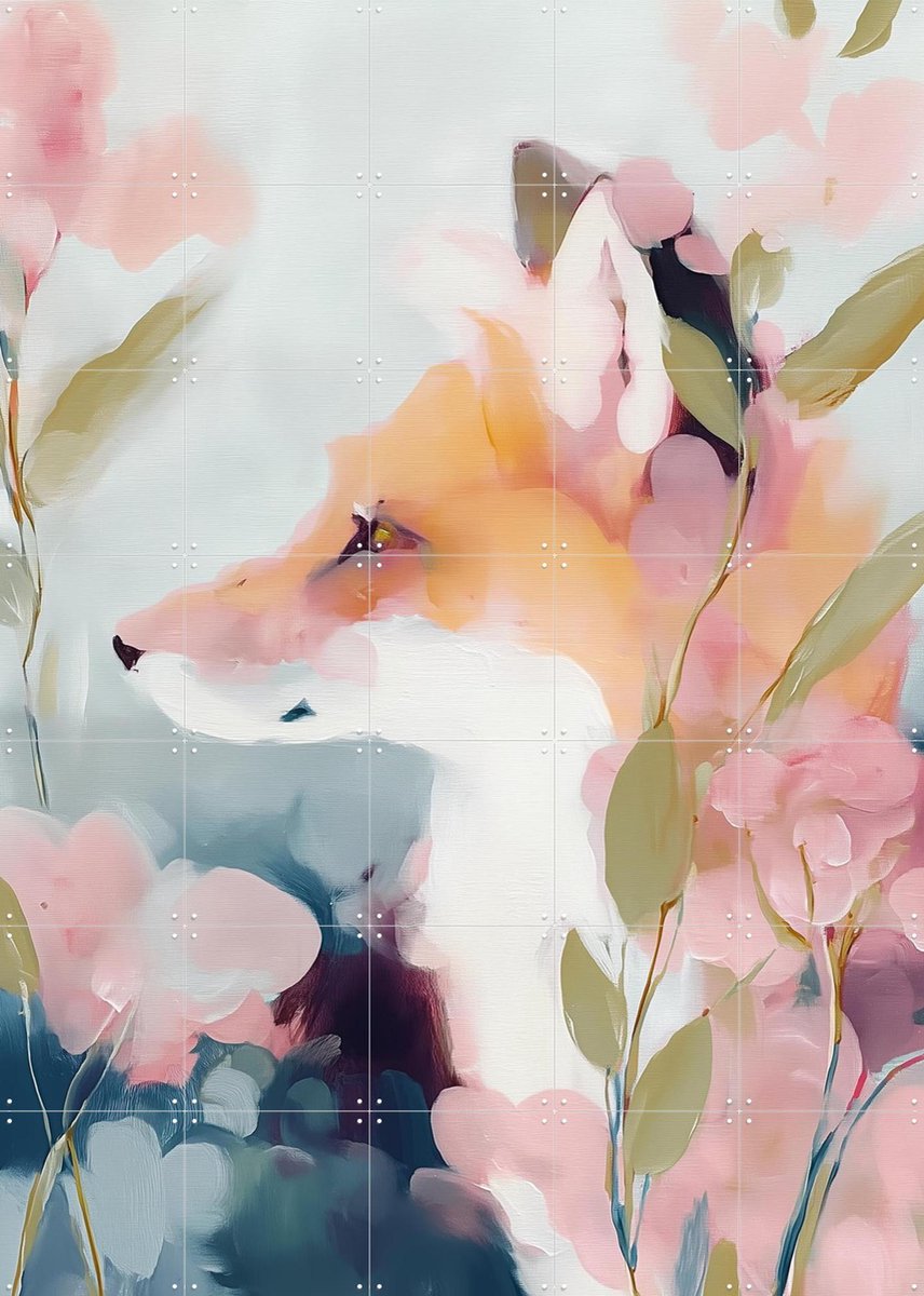 IXXI Dreamy Fox Portrait With Flowers, Branka Kodžoman - 100 x 140 cm - Gratis ophangtool - Grote wanddecoratie en posters - Kleurrijk, Fantasierijk