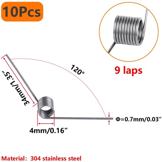 10 Stuks Kleine Torsiespringen van RVS, Draaddiameter 0.7mm, Buitendiameter 4mm, 9 Spoelen, 120 Graden Hoek, Voor Precisietoepassingen en Mechanische Projecten — afbeelding 5