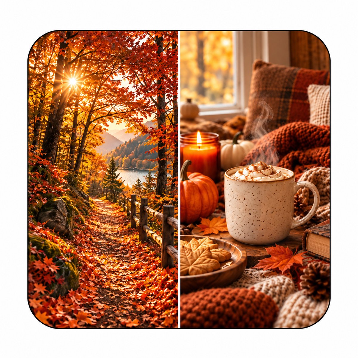 Herfst MDF onderzetter 10 x 10 cm – Bos en Koffie – Vierkante Tafelonderzetter