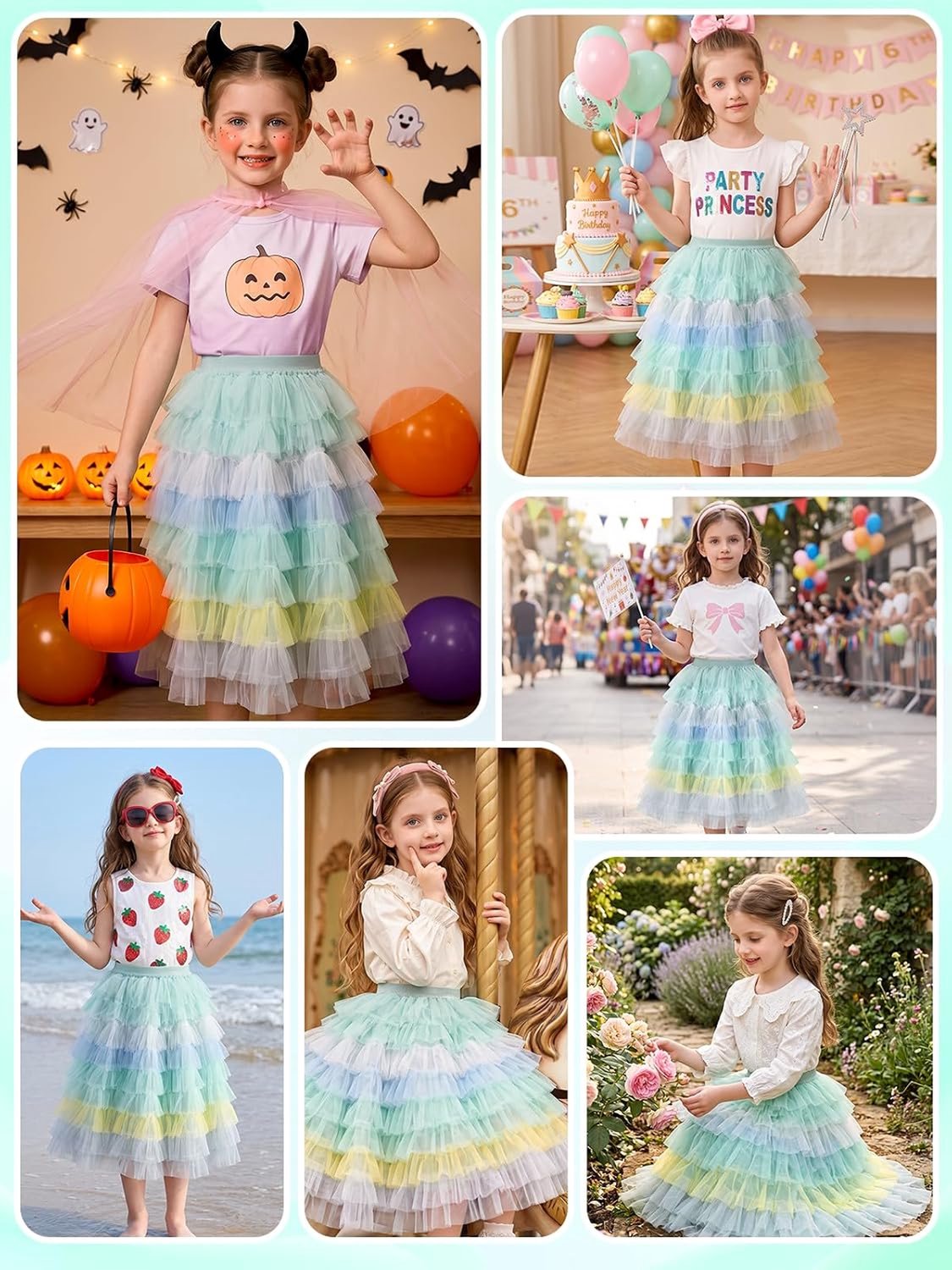 Miipat Girls Tulle Skirts Layered Ruffle Long Tutu Skirt A-line Mesh Elastic Waist Children Princess Rainbow Maxi Skirt - ShopVlot