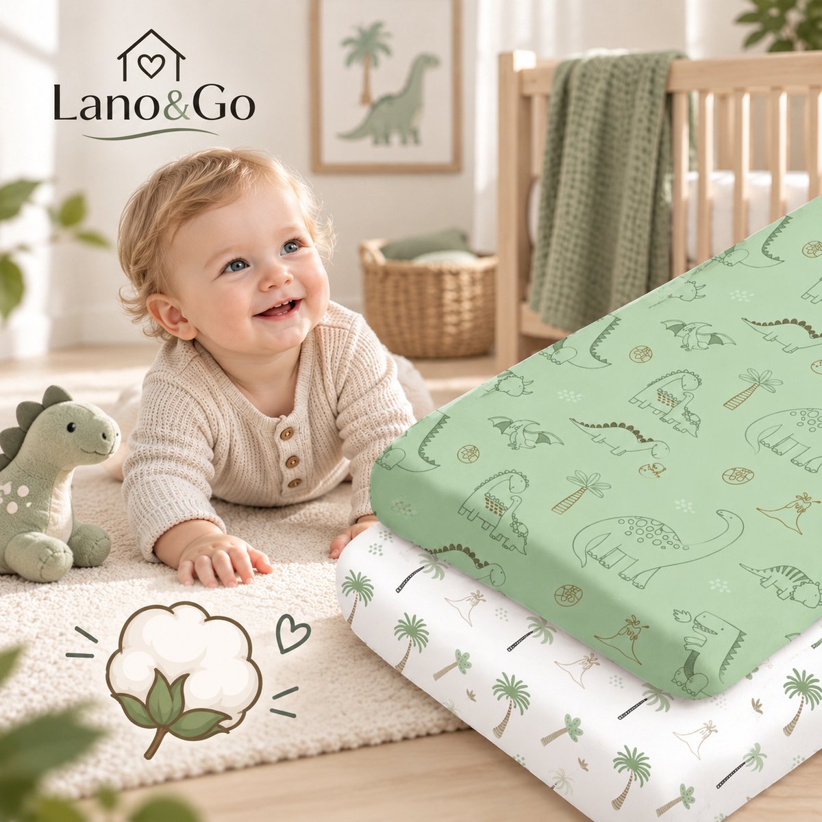 Lano&Go Set van 2 Co-Sleeping Hoeslakens 40x80 cm – Oeko-Tex Katoen – Wieg- & Wiegbedlakens, Geschikt voor Matrassen van 40x80 cm – Dino Wit/Saliegroen