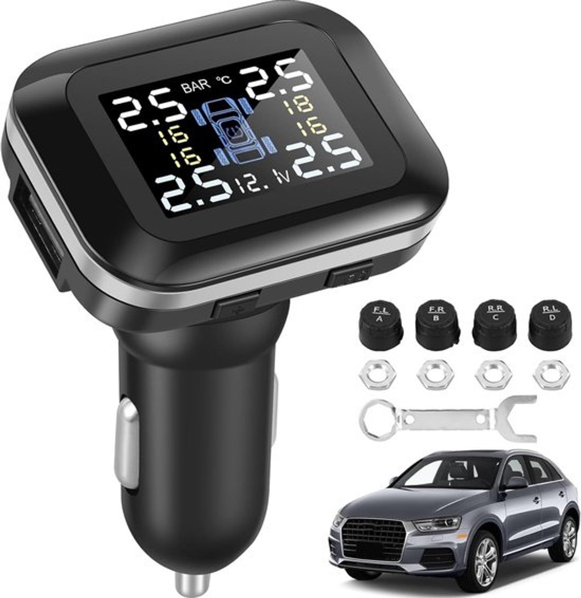Bandenspanningscontrolesysteem - TPMS-sensoren - Voor veilig rijden - 6 alarmmodi - Max. 87 PSI - Zwart