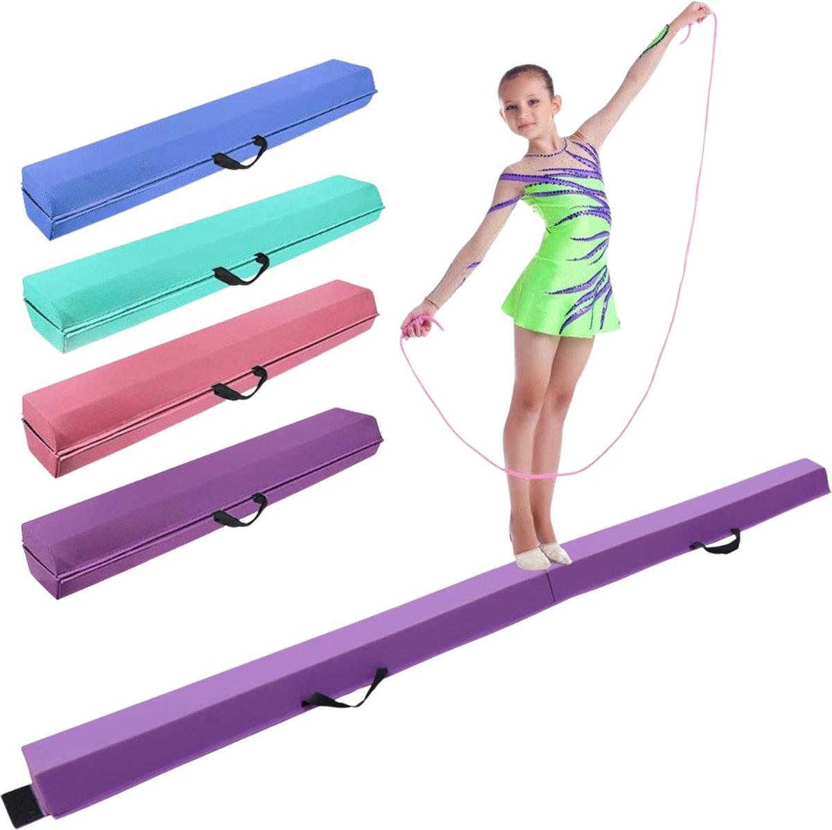 Levo® Turnbalk voor Thuis - Evenwichtsbalk Met Schuimstoflaag - Balanstrainer - Balans Speelgoed - Opvouwbare Turn Balk - 210cm - Groen - 210cm x 10cm x 12cm