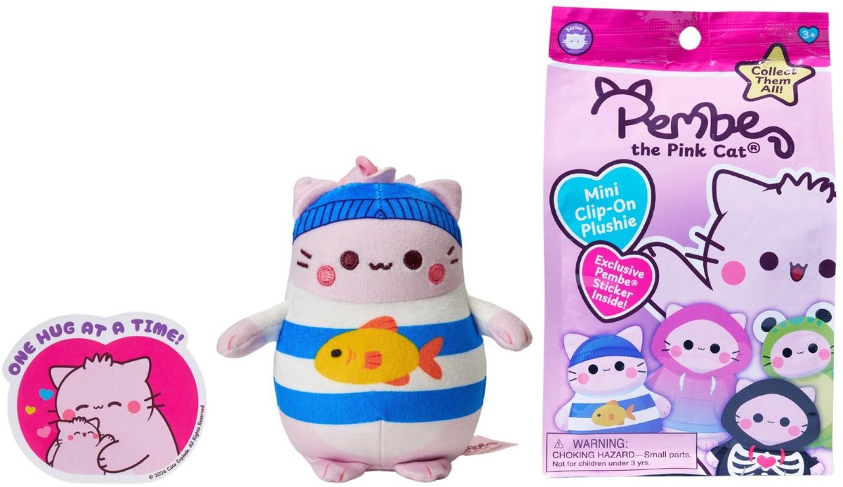 Pembe the pink cat - mystery knuffel clip - blindverpakking - pluche hanger