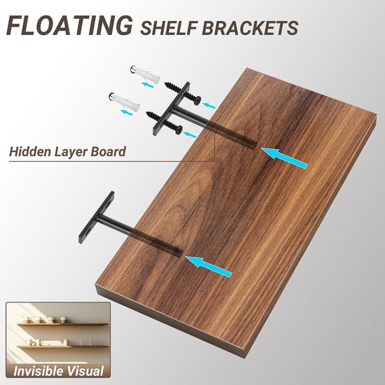 Zware Onzichtbare Steunbeugels voor Wandplanken - T-vormige Metalen Beugels voor Houten Planken, Matte Zwart, 8 Stuks, Ideaal voor Thuis en Kantoor Decoratie — afbeelding 5