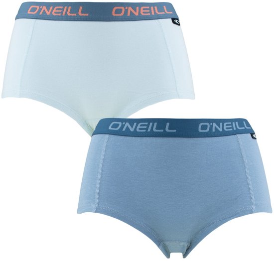 Twee O'Neill dames boxershorts met logo-band: één lichtblauw, één blauw met oranje logo.