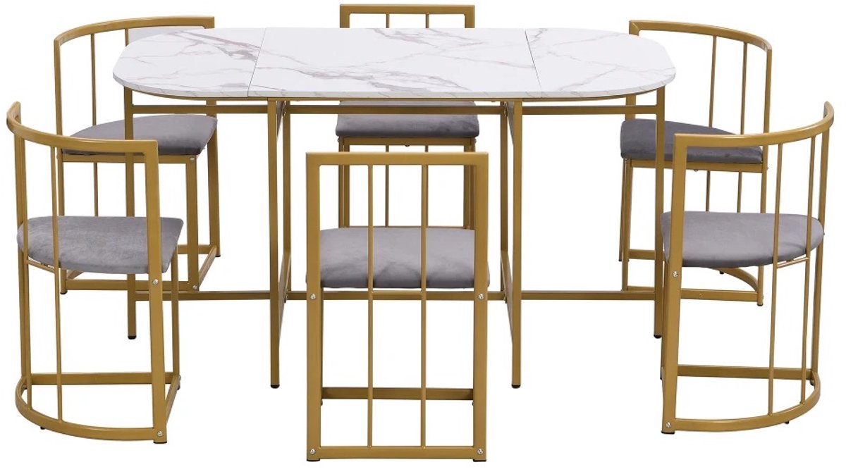 AALVERO - Eettafel - Keukentafel - Dinertafel - Eetkamer - Keuken - 6 Stoelen - Metaal frame - 140 x 80 x 76 cm - Wit - Goud