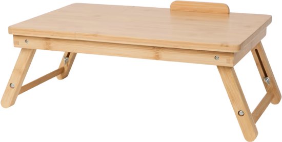 Een inklapbare bamboe laptoptafel met verstelbare pootjes, 46 x 30 cm.