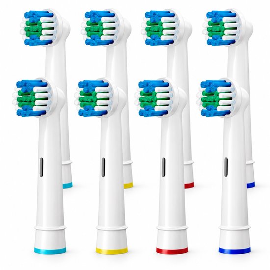 Acht witte opzetborstels met blauwe, groene en witte borstelharen, met gekleurde ringen aan de onderkant.
