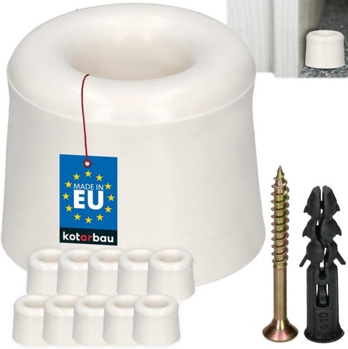 Set van 10 vloerdeurstoppers - Wit - Schroefbevestiging - 27 mm rubber