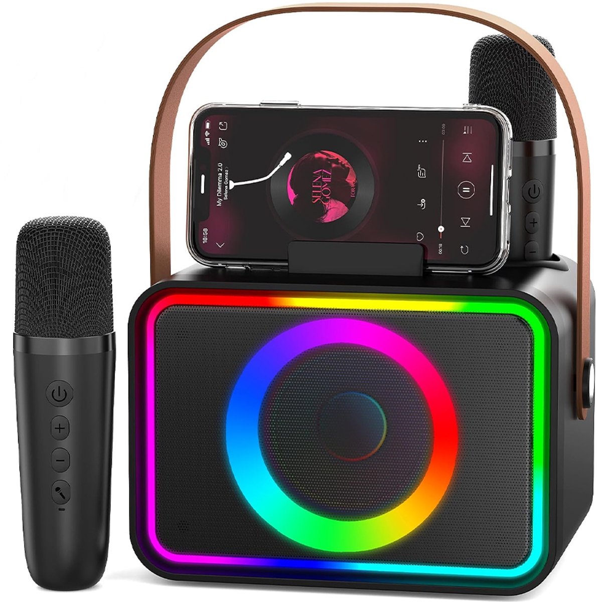 Karaokeset - Draadloze Bluetooth-luidspreker - Inclusief 2 microfoons - Geschikt voor thuis, feestjes, barbecues en kamperen - Draagbaar - Kleurrijke verlichting - Uitstekende geluidskwaliteit - Phantom Black
