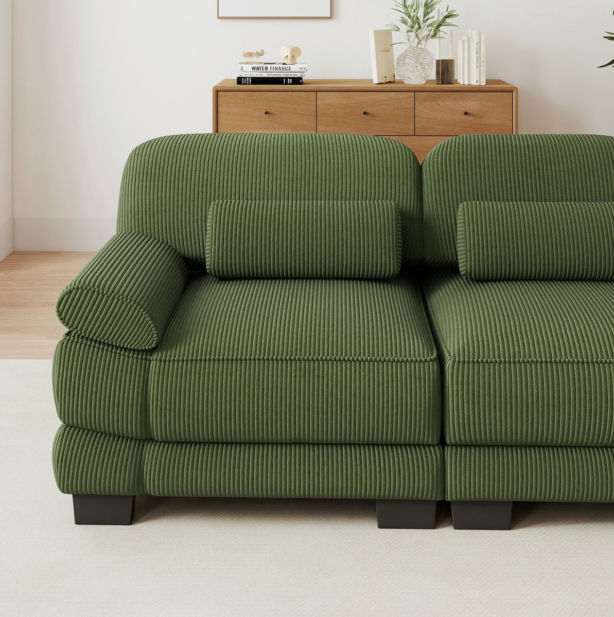 REDOM Modulaire 3-zits hoekbank - L-vormige opstelling - Hocker en lendenkussen - Corduroy - Groen - 265 x 161 x 94 cm