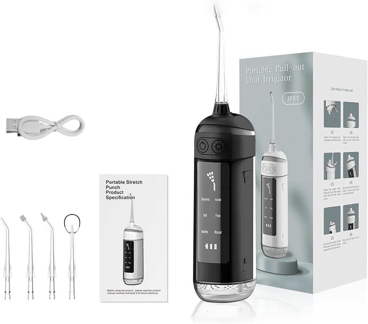 Monddouche met 6 standen - draagbare waterflosser - IPX7 waterdicht - flosdraad - tandenborstel met 4 opzetstukken voor thuis en op reis (Kleur: Zwart)