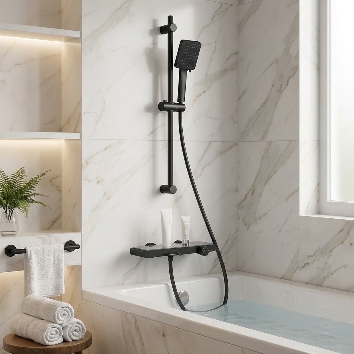 Auralum Max Badkraan Met handdouche - 70 cm Verstelbare Glijstang - met 6 Functies Handdouche - Watervalontwerp - Inclusief Groot Plankje - Complete Doucheset - Eenvoudige Wandmontage - Zwart