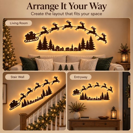 Verlichte kerstdecoratie met de slee van de kerstman en rendieren, getoond op een muur, trap en bij de entree.