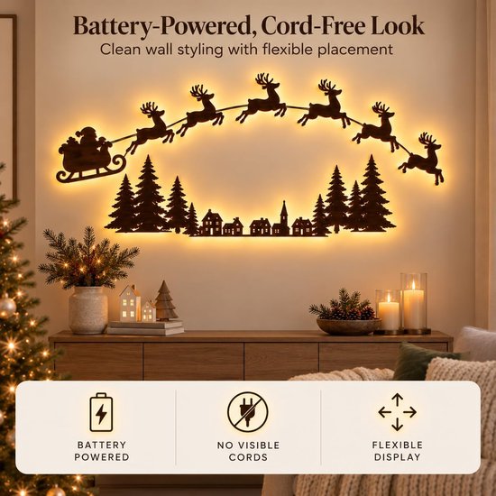 Kerstdecoratie met kerstman en rendieren, draadloos en op batterijen voor flexibele plaatsing, met warme LED-verlichting.