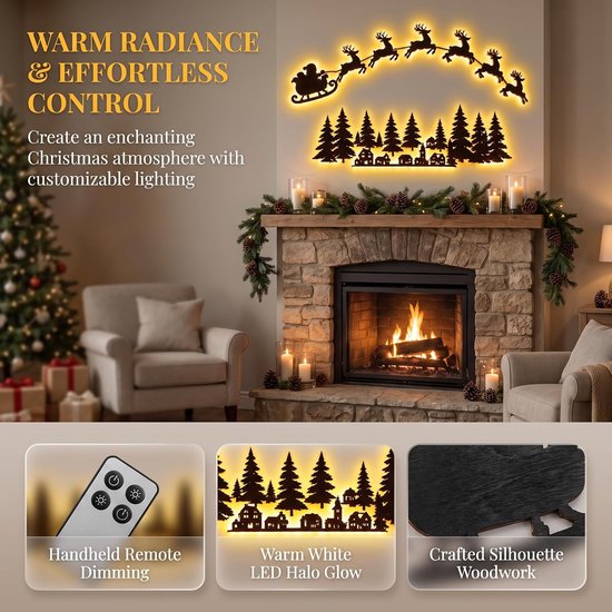 Warme witte LED-gloed van kerstdecoratie met kerstman, rendieren en dorp. Inclusief afstandsbediening en houtsnijwerk.