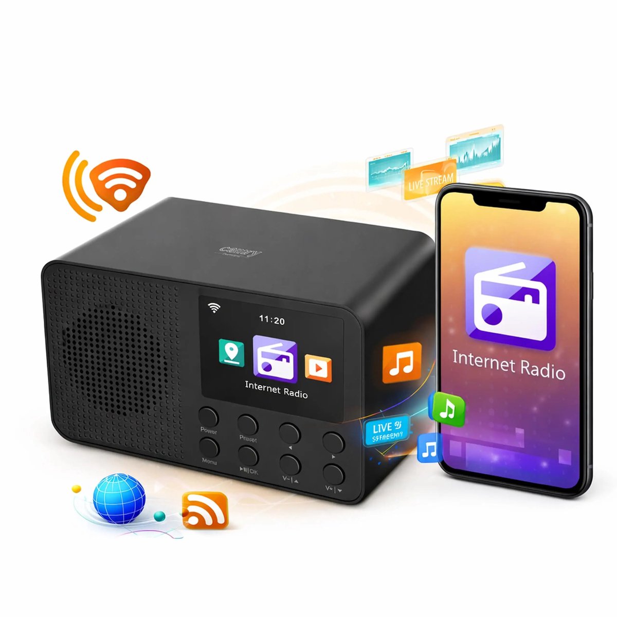 DeltaMerch Internetradio - Radio met WiFi – Bluetooth 5.3 – 25.000+ Zenders – App Bediening – Wekker, USB & Podcasts - Zwart