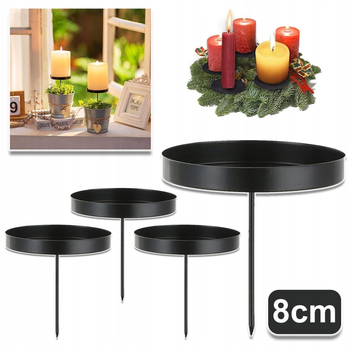 8 cm En Lange Naald Met Druppelrand – Kaarsenhouder Van RVS – Hitte- En Koudebestendig En Herbruikbaar – Anker Voor Kerstkrans En Bloemdecoratie – 4 Stuks Zwart