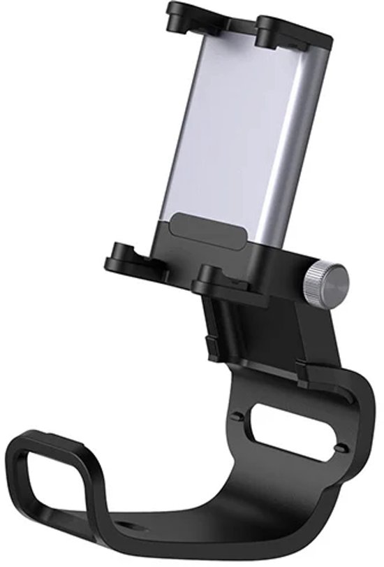 Zwarte telefoonhouder met grijze klemmen en zilveren schroef.