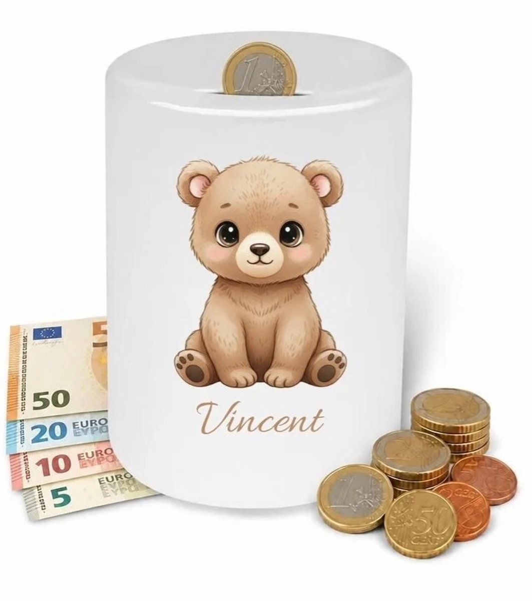 Spaarpot beertje zittend - gepersonaliseerd - met eigen naam - kraam cadeau - kinderen -