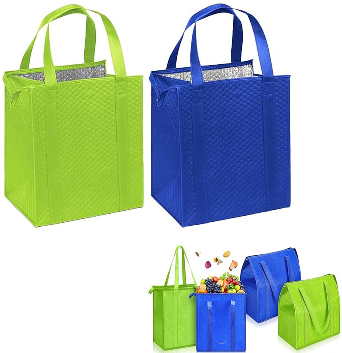2-stuks Geïsoleerde boodschappentas - Geïsoleerde tas - Grote capaciteit - Handvatten - Boodschappentas met ritssluiting - 30x18x33cm - Aluminiumfolie-isolatie - Geschikt om te winkelen, isoleert tegen warmte en kou - Groen, blauw