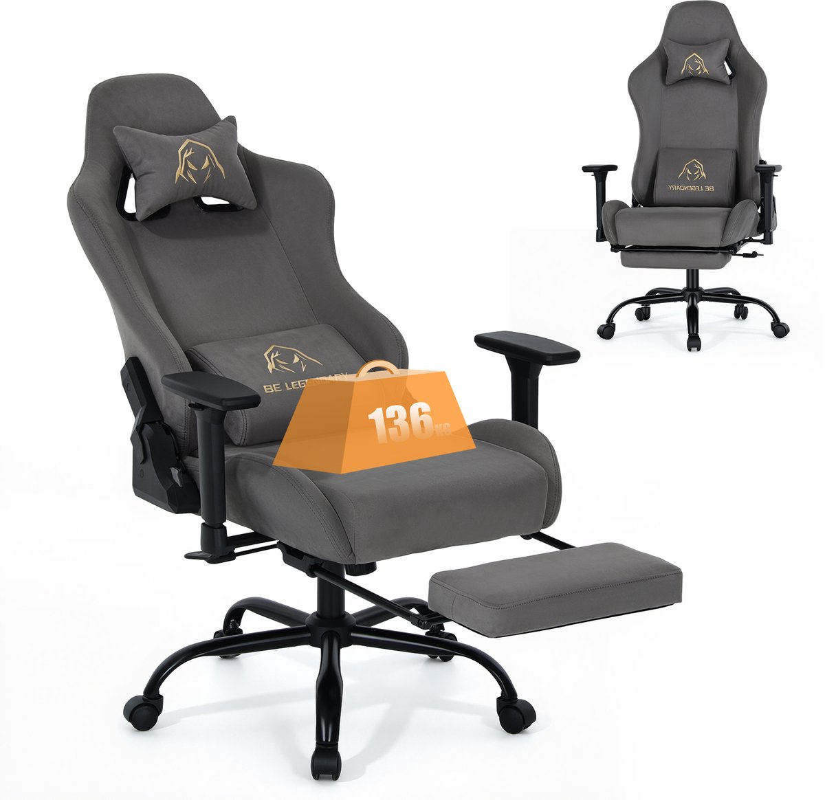 COLAMY Ergonomische Gamingstoel - Met Voetensteun - 4D Verstelbare Armleuningen - 90-135° Verstelbare Rugleuning - Pocketvering - Tot 136 kg - Grijs