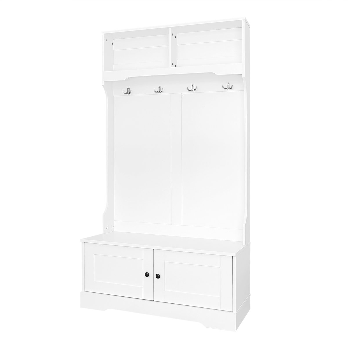Garderobekast – Halmeubel met Kapstok en Zitbank – 4 Haken, 2 Open Vakken en Opbergruimte – 101,5 x 183 cm – Wit