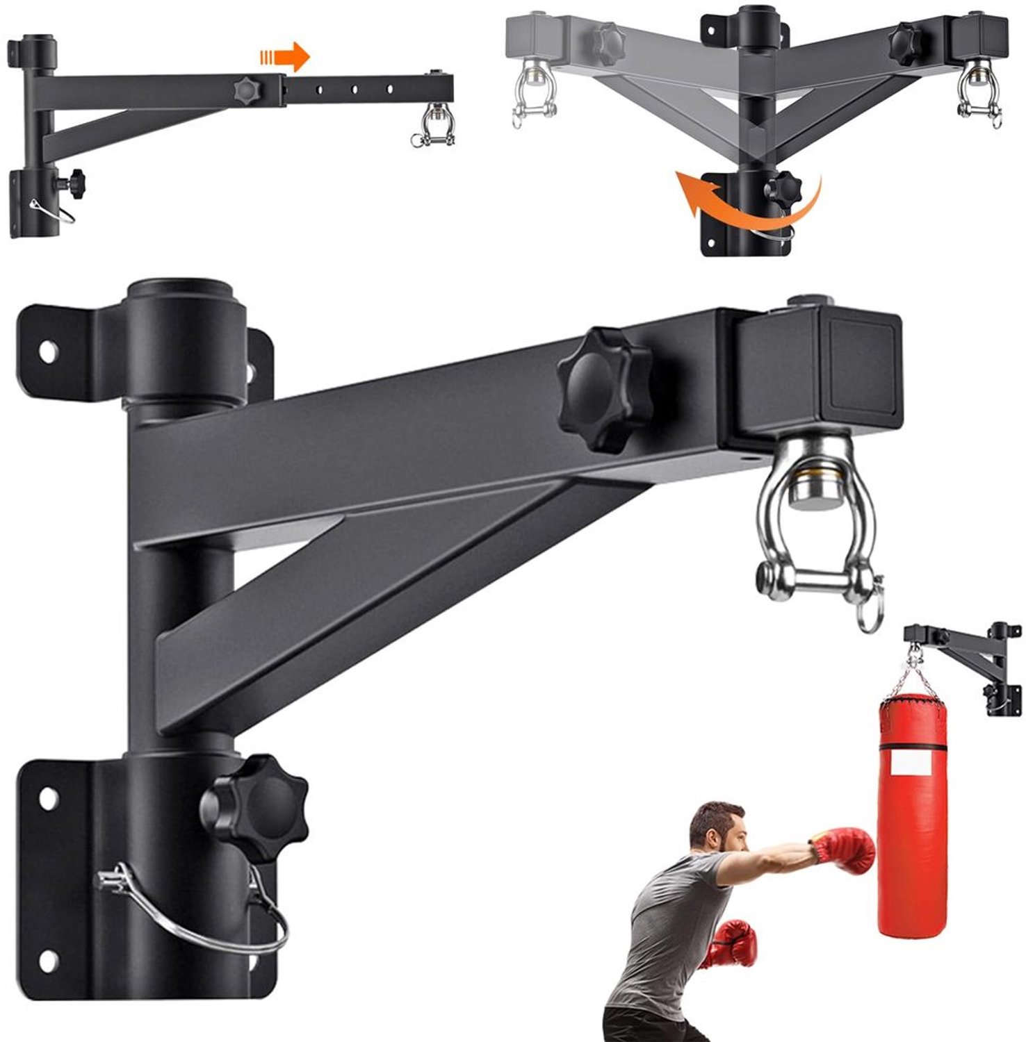 Bokszakhouder 360° Rotatie - Verstelbare Lengte (43-63 cm) - Wandhouder - Draagvermogen 150 kg - Versterkte Stalen Plaat - Ruimtebesparend - Bokszakstandaard