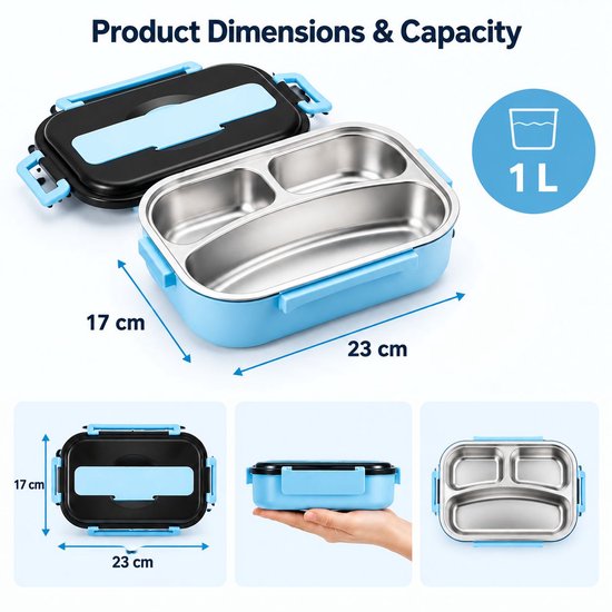 Thermische Lunchbox - 1 L - 23×17cm - Met 3 RVS Vakken - Geïsoleerde Voedselcontainer - Lekvrije Bento Box - Voor Kantoor,School en Onderweg - Blauw — cadeau in Koken & Dineren - foto 5