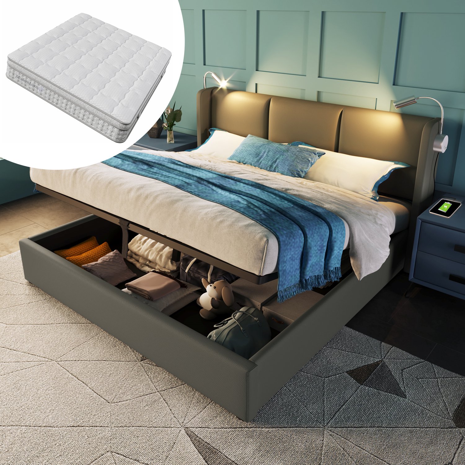 intebiki Gestoffeerd tweepersoonsbed met opbergruimte - bedbox - leeslampje met oplaadfunctie - hoofdbord - opbergbedden - bedframe van PU - kinderbed 160x200 met lattenbodem (inclusief matras) Grijs