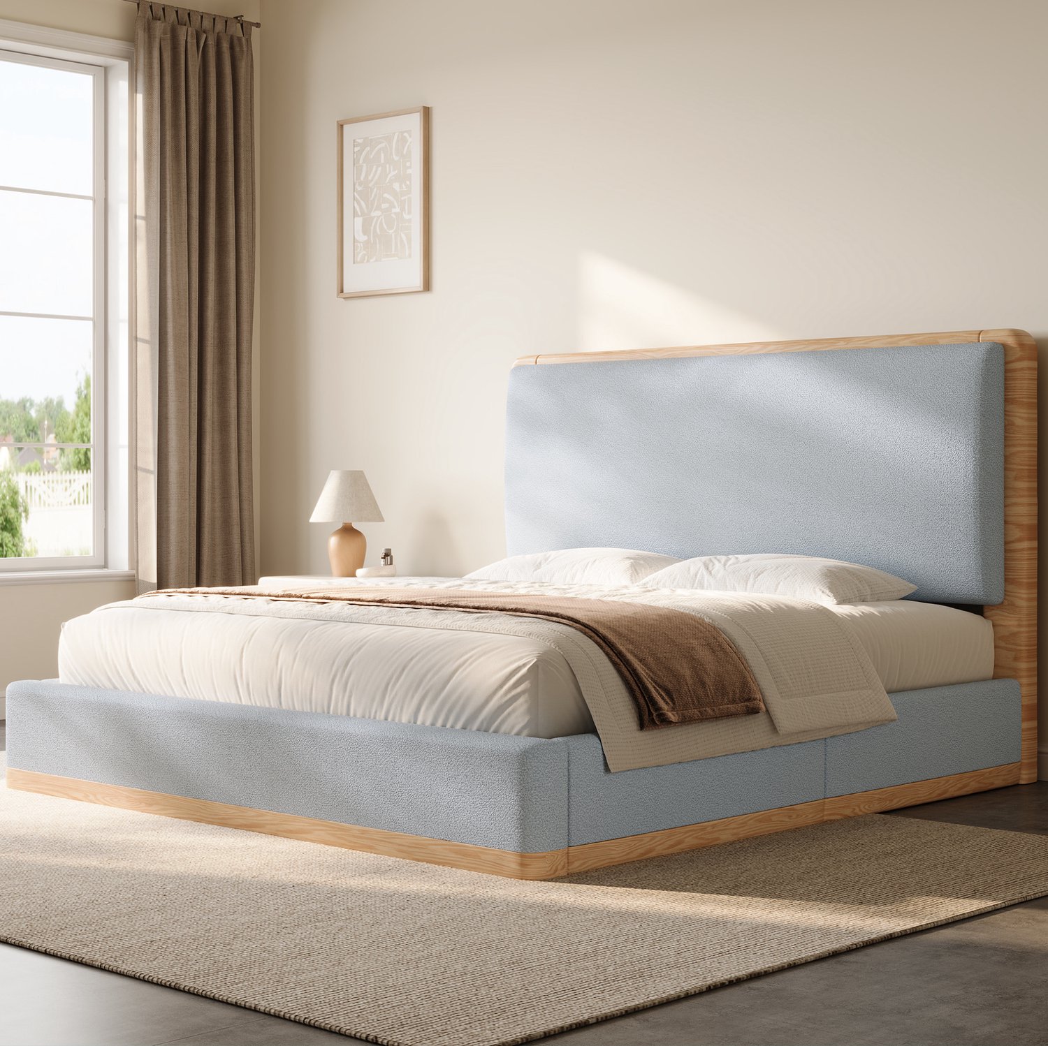 WUVRIE Gestoffeerd platformbed 140x200 cm - Lattenbodem en hoofdbord - Grijs/naturel