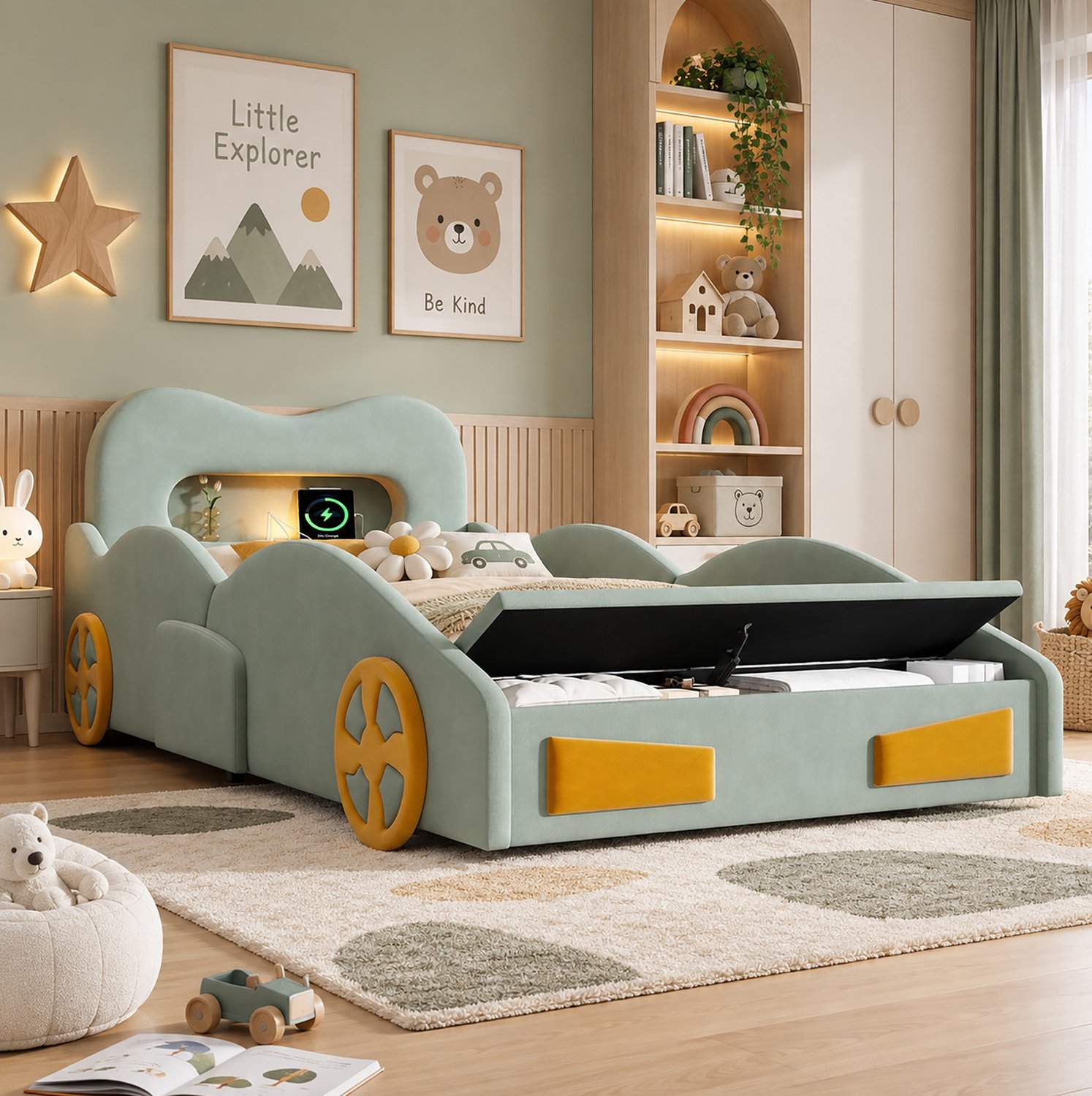 WUVRIE Kinderbed 90x200 cm - Auto-ontwerp met leeslamp en opbergruimte - Groen