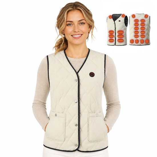 Vrouw draagt een off-white gewatteerde bodywarmer met zwarte randen en een verlichte knop voor elektrische verwarming.