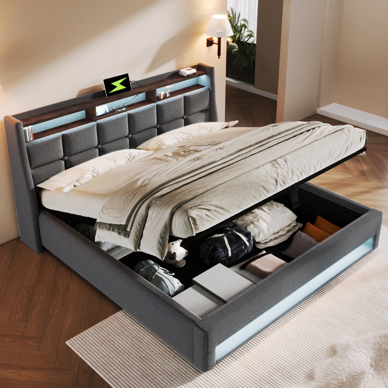 Welltin Gestoffeerd bed 140x200 - Linnen bed met LED-verlichting en USB-aansluiting - Grijs