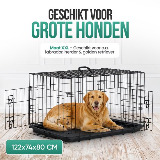 Zwarte metalen hondenbench van 122x74x80 cm met een golden retriever erin.