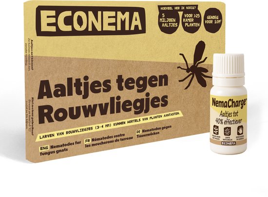 Econema verpakking met 5 miljoen aaltjes tegen rouwvliegjes en NemaCharge flesje voor 25 kamerplanten.